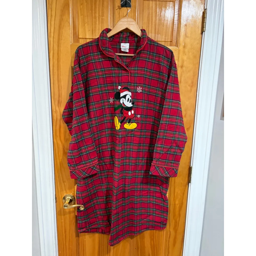 Disney Store Mickey Mouse Christmas Plaid Nightgown Flannel Sleep Shirt L - Picture 2 of 6
